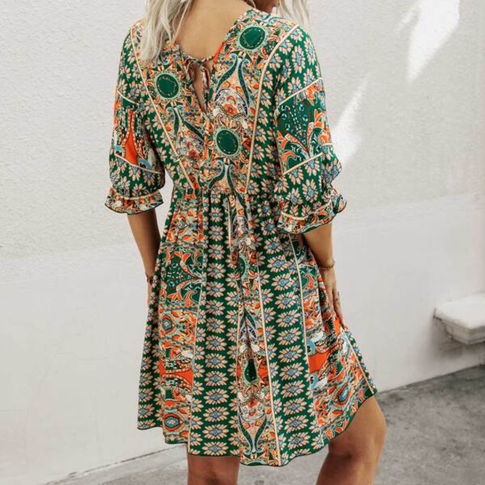 Boho Red Floral Print Ruffle Sleeve Mini Dress Cottagecore - Picture 10 of 13